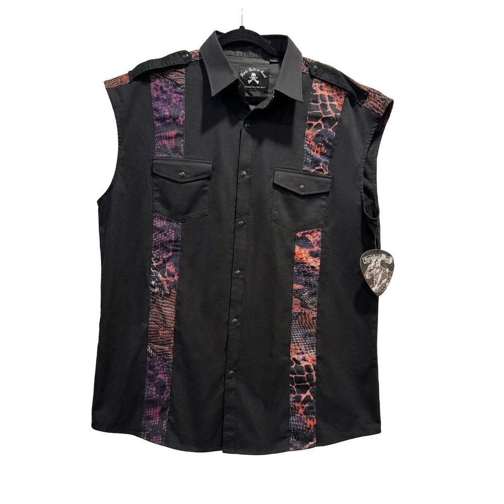 Rock Roll n Soul Mens 2XL Sleeveless Button Down Shirt Black Snakeskin Biker New